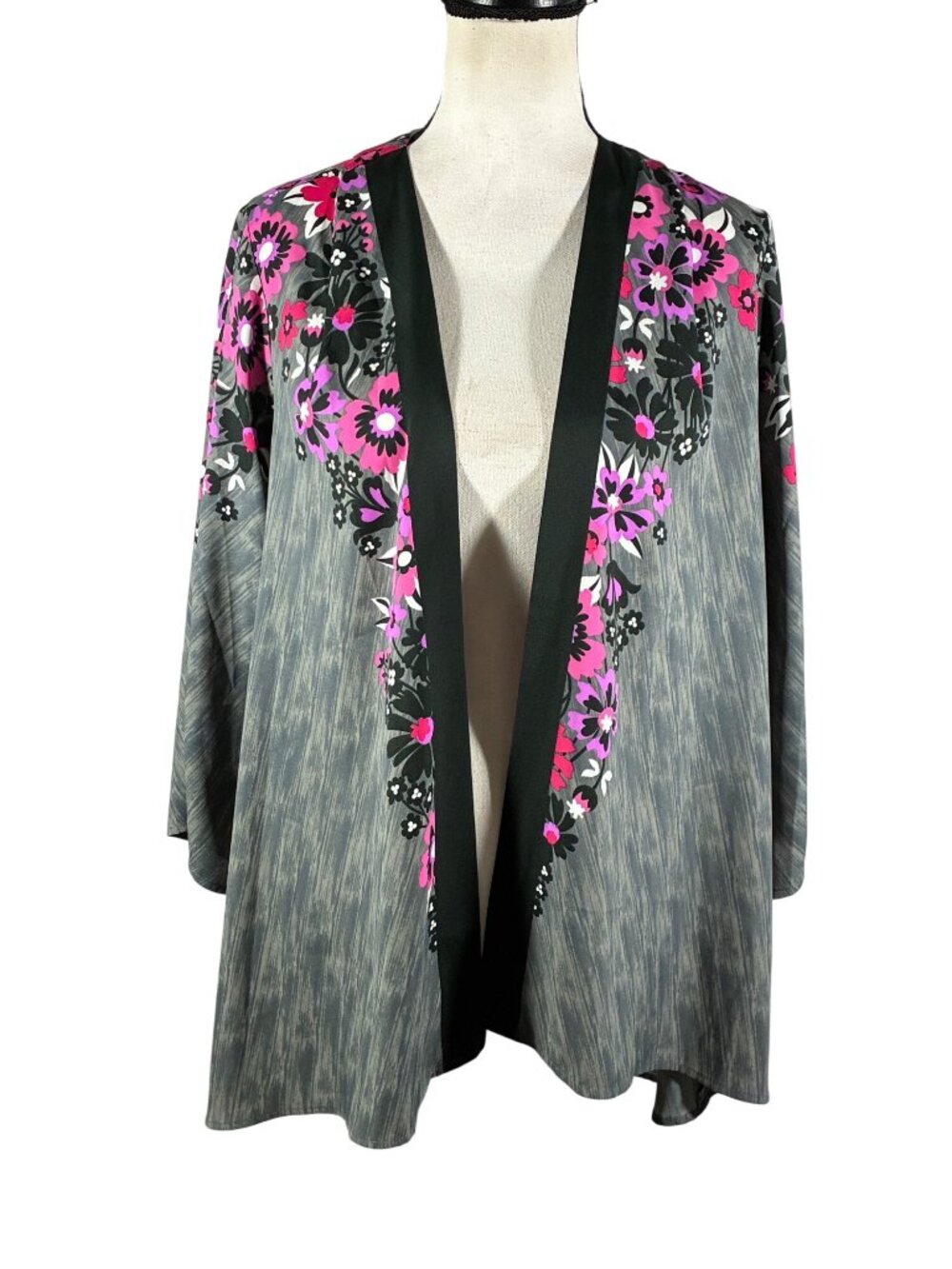 Bob Mackie Wearable Art Floral Kimono Open Front Jacket Gray Pink Womens M